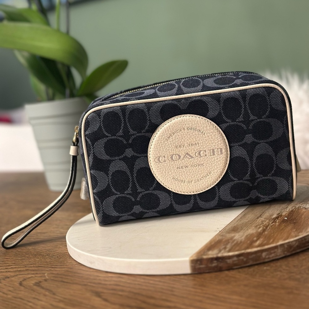 NWT! NEW! Coach Dempsy Large Cosmetic Bag Pouch Denim Jacquard Cream Logo Women